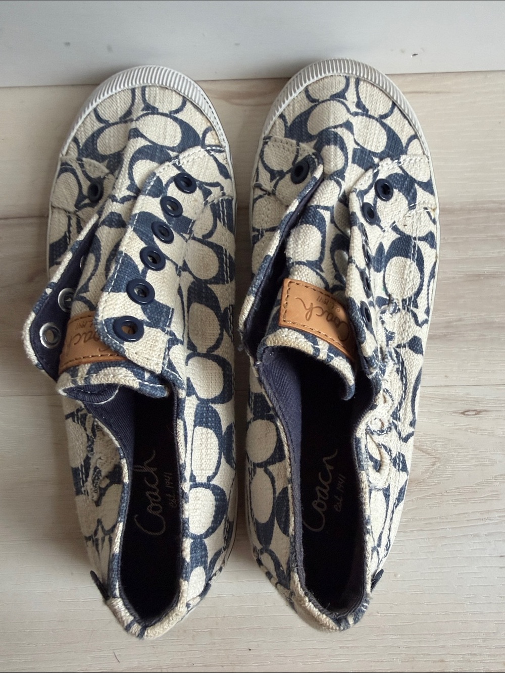 Coach Kids Canvas Slip-On Sneakers in Navy and Cream Signature Print
